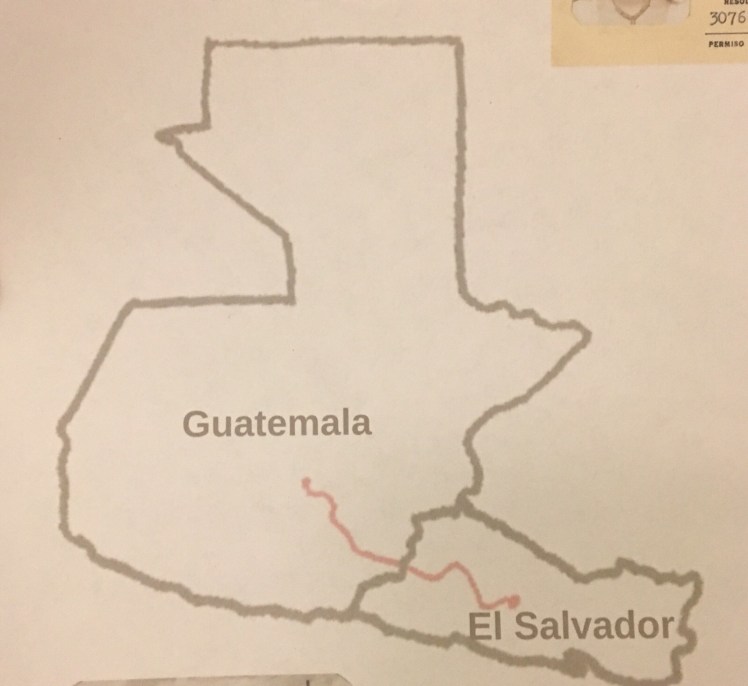 Map of Guatemala and El Salvador. A line is drawn between Guatemala City and the city of San Salvador.